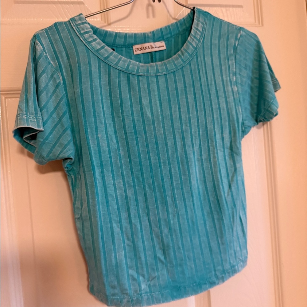 NEW ZENANA M Mineral Wash Crop Top TEAL